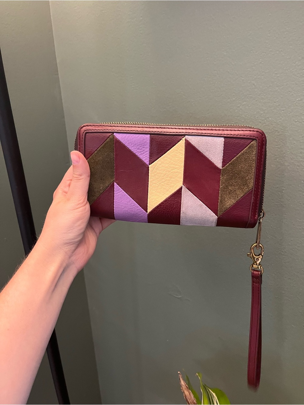 Fossil Logan RFID Zip Around Patchwork Leather Wallet Clutch Burgundy Multi